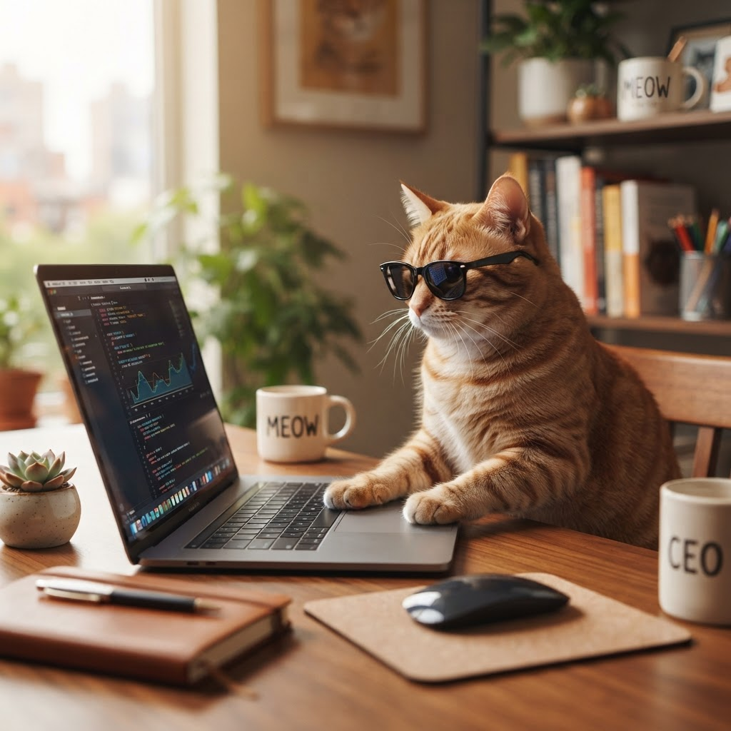 A cat wearing sunglasses working at a computer